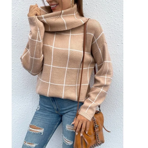 Tan Grid Printed Long Sweater Plaid Pattern Split Sides Pullover Turtleneck - Picture 8 of 12